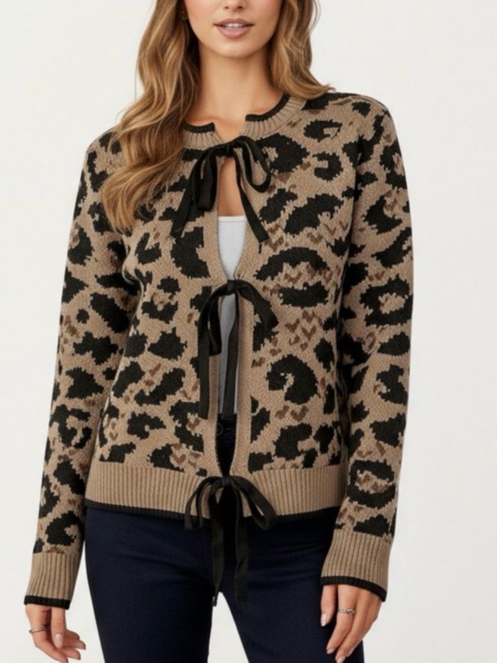 NWT Bold Leopard print 3 chic ties in front closure sweater SZ L ribbed trim